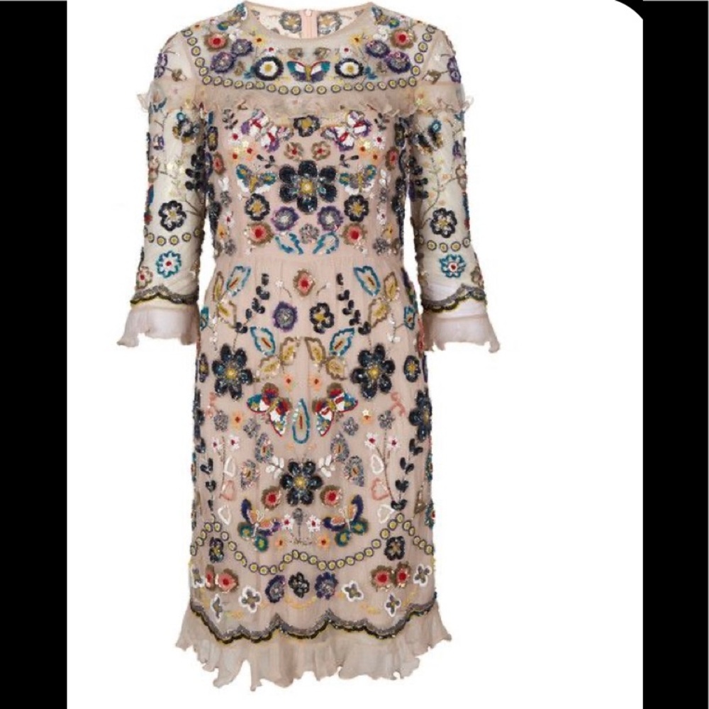 Needle & Thread Embroidered Floral Beaded Sheer Nude Dress
